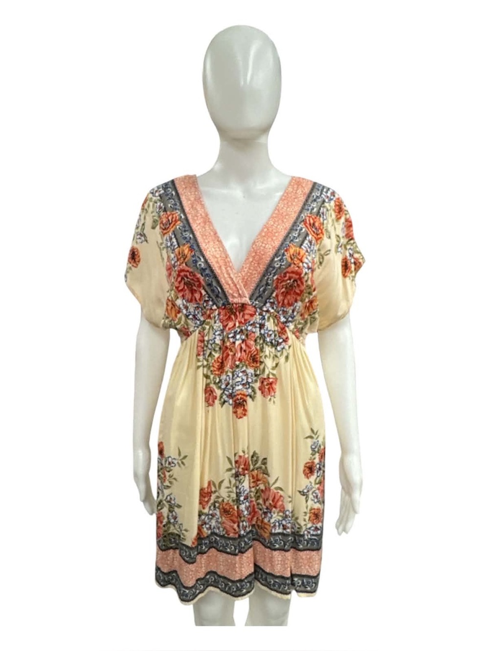 Angie Cream Floral V-Neck Tunic with Coral and Gray Accents Size XS